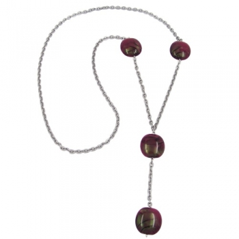 Halskette Kunststoffperlen Nugget pflaume-seide-matt Ankerkette Eloxal grau 100cm, ohne Dekoration