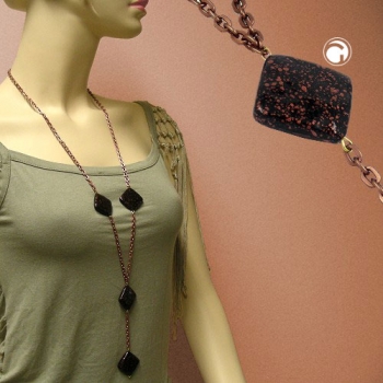 Halskette Kunststoffperlen Viereck schwarz-kupfer-gesprenkelt Ankerkette Eloxal braun 100cm