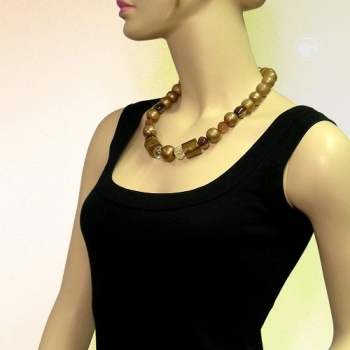 Halskette Kunststoffperlen braun-gold-seidig glänzend 55cm