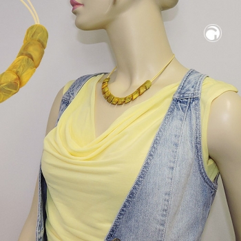 Halskette Schrägperle Kunststoff gelb-oliv-marmoriert Kordel hellgelb 45cm