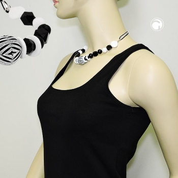 Halskette Kunststoffperlen Schmuckperle und Kordel schwarz-weiß 44cm