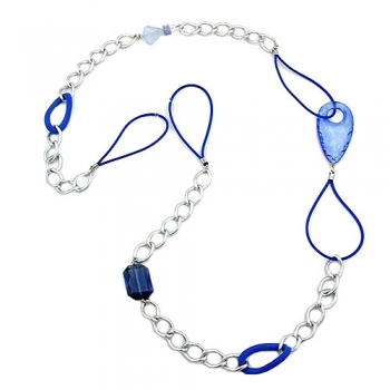 Halskette Kunststoffperlen blau-transparent Weitpanzerkette Aluminium hellgrau 100cm