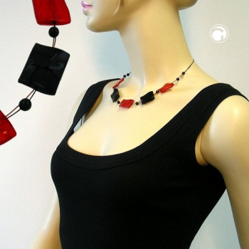 Halskette Drahtkette Viereck gewellt rot-schwarz glänzend Kunststoffperlen 45cm