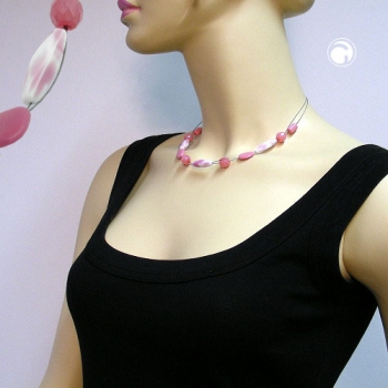Halskette Drahtkette mit Glasperlen Vierkantolive weiß-rosa und sattrosa 45cm