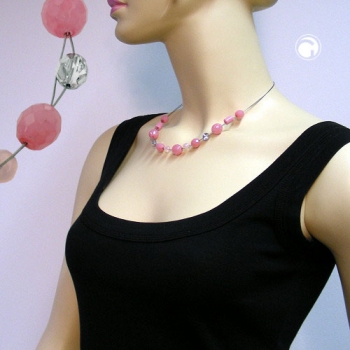 Halskette Drahtkette mit Glasperlen Facettenperle sattrosa und silber-verspiegelt 45cm