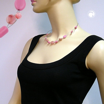 Halskette Drahtkette mit Glasperlen rosa rot-weiß Olivenperle rosa 45cm
