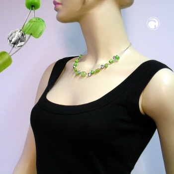 Halskette Drahtkette mit Glasperlen lindgrün und kristall-silberverspiegelt 45cm
