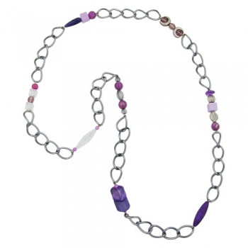Halskette Kunststoffperlen lila kristall altsilberfarben Weitpanzerkette Aluminium dunkelgrau 95cm, ohne Dekoration