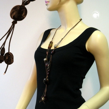 Halskette Kunststoffperlen Nugget dunkelbraun-marmoriert Kordel braun 100cm