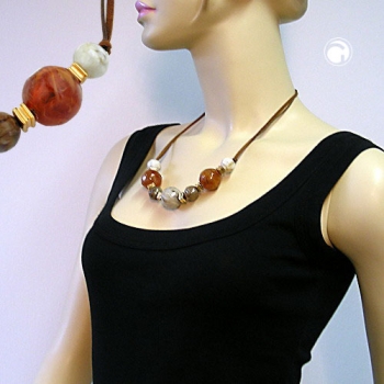 Halskette Kunststoffperlen natur-braun-karamel-goldfarben Kordel braun 55cm