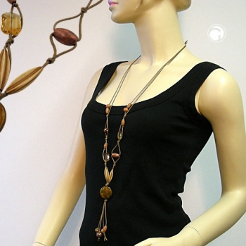 Halskette Kunststoffperlen Scheibe braun-khaki seidig Kordel hellbraun 100cm