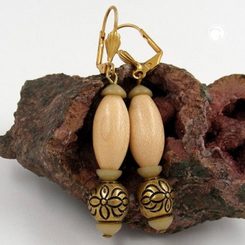 Ohrbrisuren Ohrhänger Ohrringe 55mm goldfarben Holzperle natur und Kunststoffperle altgoldfarben