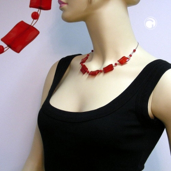 Halskette Drahtkette Viereck gewellt rot glänzend Kunststoffperlen 45cm
