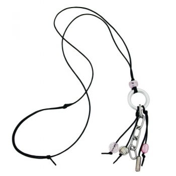 Halskette Ring Aluminium hellgrau Perlen silberfarben rosa Kordel schwarz 80cm