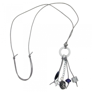 Kette Ring Aluminium hellgrau Perlen silberfarben blau Kordel schwarz 80cm, ohne Dekoration
