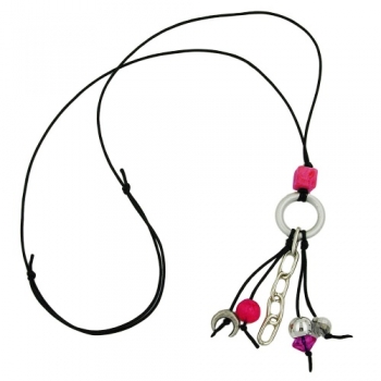 Halskette Ring Aluminium hellgrau Perlen silberfarben pink rosa Kordel schwarz 80cm, ohne Dekoration