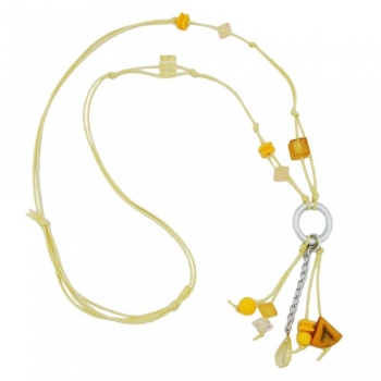 Halskette Ring Aluminium silbergrau Perlen gelb Kordel gelb 90cm, ohne Dekoration