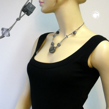 Halskette 30x11mm Kunststoffperle Scheibe grau-seidig glänzend Kordel grau 50cm