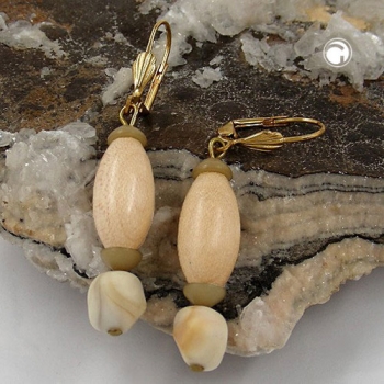 Ohrbrisuren Ohrhänger Ohrringe 52mm goldfarben Holzperle hell natur und Kunststoffperle hell beige marmoriert