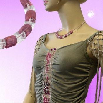Halskette Schrägperle Kunststoff altrosa und kristallklar Kordel rosa und Draht 45cm