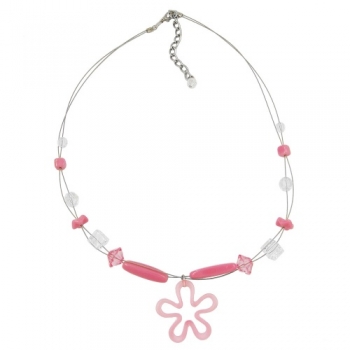 Halskette Drahtkette mit Glas- und Kunststoffperlen rosa-transparent mit rosa Blume 45cm