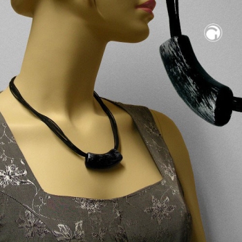 Halskette 54x19mm Anhänger Rohr flach gebogen schwarz-silberstrich glänzend Kunststoff 45cm