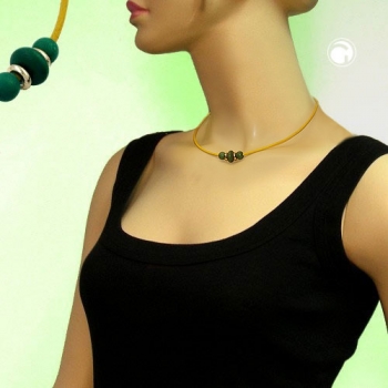 Halskette 3 Holzperlen dunkelgrün Lederband gelb 42cm
