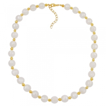 Halskette 12mm Perlen seidig-weiß und 5mm goldfarbene Kunststoffperlen 80cm, ohne Dekoration