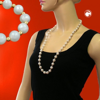 Halskette 12mm Perlen seidig-weiß und 5mm goldfarbene Kunststoffperlen 80cm