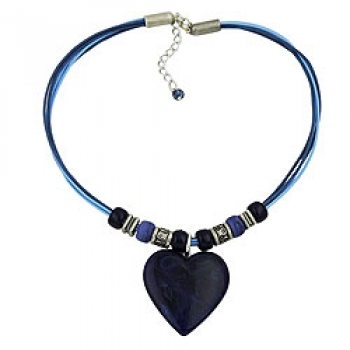 Halskette Landhaus-Stil Kunststoffperlen Herz blau marmoriert Kordel blau 45cm, ohne Dekoration