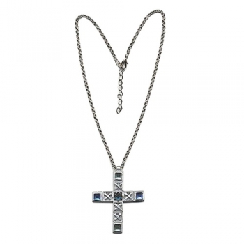 Halskette 65x50mm Kreuz Metallguss silber-matt blau-türkis Erbskette 45cm, ohne Dekoration
