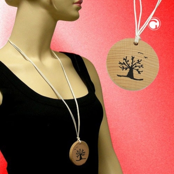 Halskette mit handbemalter Holzscheibe Kordel beige 100cm