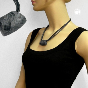 Halskette Kunststoffperle Trapez silbergrau-marmoriert glänzend Kordel grau-schwarz 45cm
