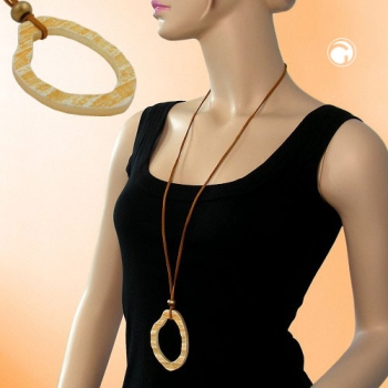 Halskette 75x55mm Baumring Kunststoff orange-gelb Lederband natur 90cm