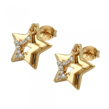 Ohrstecker Ohrring 13mm doppelter Stern mit Zirkonia vergoldet 3 Mikron, ohne Dekoration