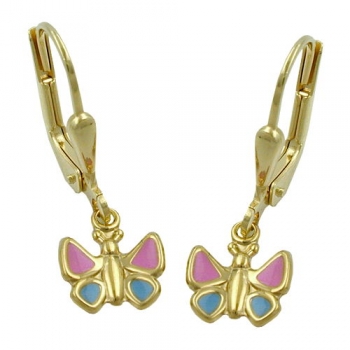 Ohrbrisuren Ohrhänger Ohrringe 22x7mm Schmetterling hellblau-pink 9Kt GOLD, ohne Dekoration