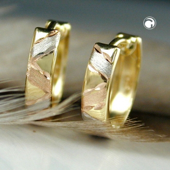 Creolen Ohrringe Ohrring 11,5x3mm Klappscharnier tricolor diamantiert 9Kt GOLD