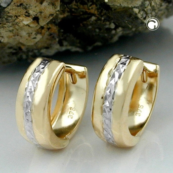 Creolen Ohrringe Ohrring 12x5mm Klappscharnier bicolor diamantiert 9Kt GOLD