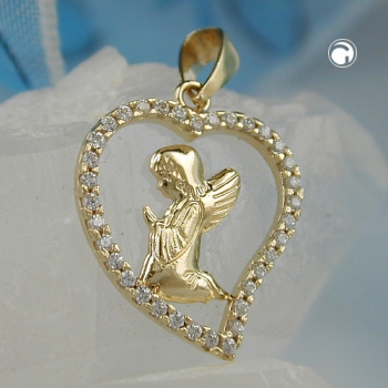 Anhänger 16x15mm betender Engel im Herz mit Zirkonias 9Kt GOLD