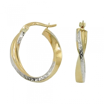 Creole Ohrring 20x18x3mm oval bicolor diamantiert geschwungen 9Kt GOLD, ohne Dekoration