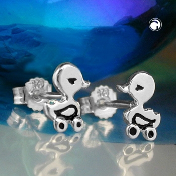 Ohrstecker Ohrringe 8x7mm Kinderohrring Spielzeug-Ente teilweise schwarz lackiert Silber 925