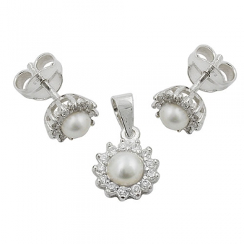 Set mit 7mm Ohrstecker Ohrringe und 9mm Anhänger Perle mit Zirkonias glänzend Silber 925