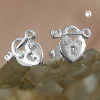 Ohrstecker Ohrringe 9x8mm Herz Schloss und Schlüssel mit Zirkonia glänzend Silber 925