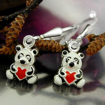 Ohrbrisuren Ohrhänger Ohrringe 23x7mm kleiner Panda-Bär farbig lackiert Silber 925