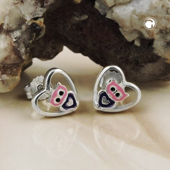 Ohrstecker Ohrringe 8mm kleine Eule im Herz lila-pink glänzend Silber 925