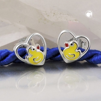 Ohrstecker Ohrringe 8mm Kinderohrring kleine Ente im Herz farbig lackiert Silber 925