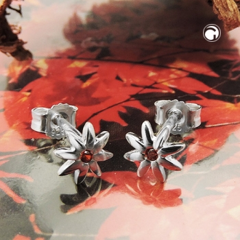Stecker 6mm Blume glänzend mit Zirkonia rot-orange Silber 925