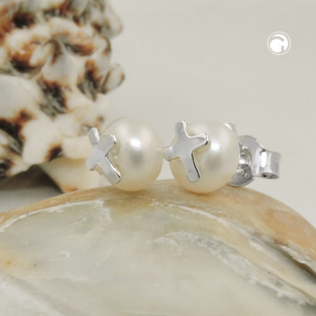 Ohrstecker Ohrringe 6mm Süßwasserzuchtperle mit Silberkreuz Silber 925