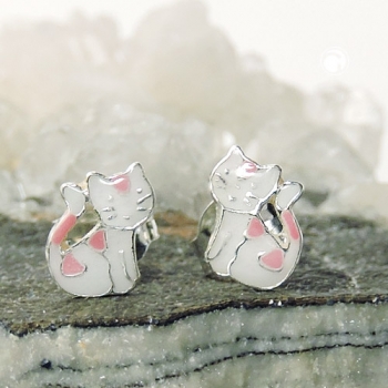 Ohrstecker Ohrringe 7x6mm Kinderohrring Katze weiß-pink-lackiert Silber 925