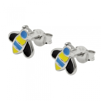 Ohrstecker Ohrring 8x8mm Bienen blau-gelb-schwarz emailliert Silber 925, ohne Dekoration